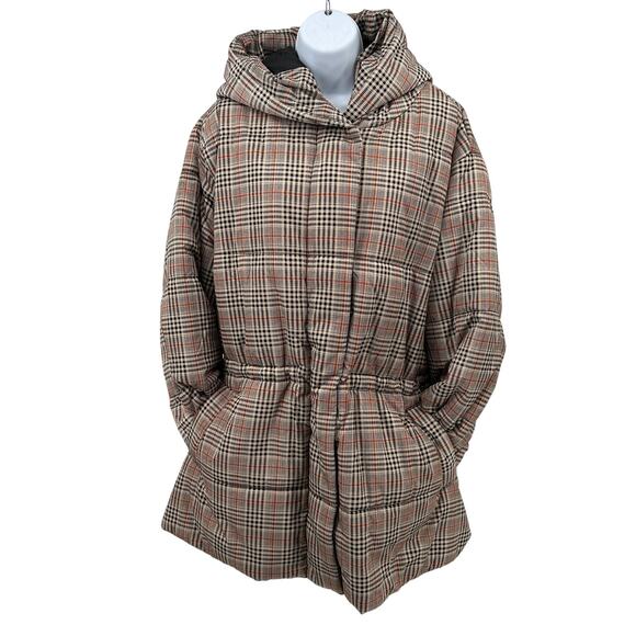 Ava & Viv Mid Length Puffer Jacket SZ 1X Tan Black Orange Hooded Snap Full Zip - Picture 3 of 14